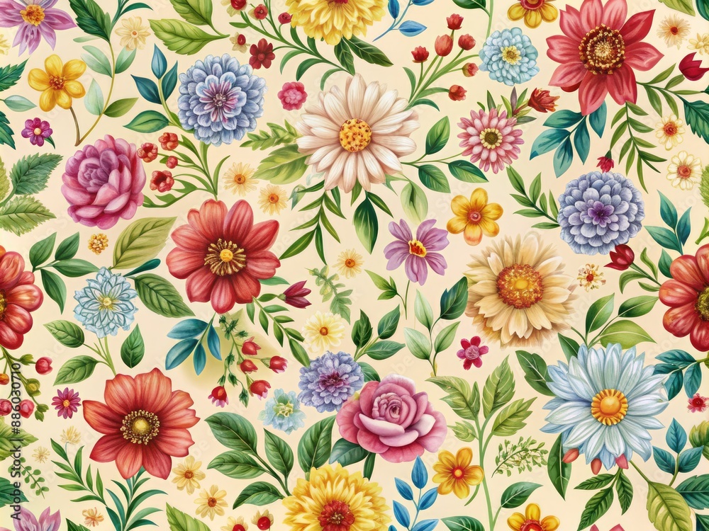 A seamless floral pattern with a variety of colorful flowers and leaves on a cream background suitable for fabric or wallpaper designs. A seamless floral pattern with a variety of colorful flowers and leaves on a cream background suitable for fabric or wallpaper designs.