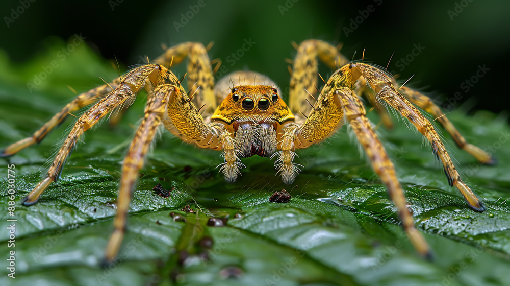 Close-Up of a Golden Colored Spider on a Leaf in Natural Habitat Close-Up of a Golden Colored Spider on a Leaf in Natural Habitat