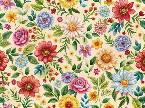 A seamless floral pattern with a variety of colorful flowers and leaves on a cream background suitable for fabric or wallpaper designs.