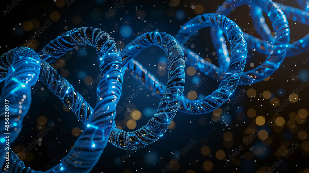 Glowing Blue DNA Helix with Digital Effects in Dark Background..
