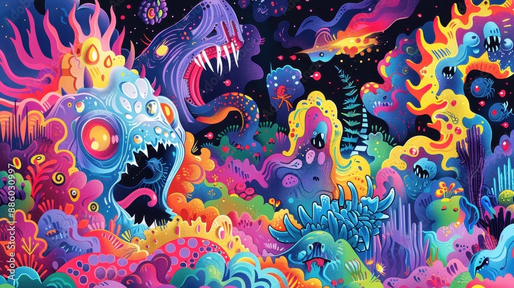 Vibrant Abstract Fantasy Landscape with Colorful Creatures and Cosmic Elements Vibrant Abstract Fantasy Landscape with Colorful Creatures and Cosmic Elements