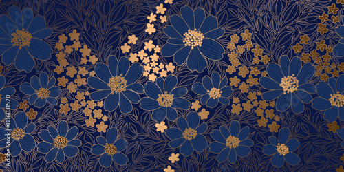 Floral Pattern of Gold Metallic Contour Flowers and Leaves on a Dark Navy Blue Backdrop. Luxurious Art Deco Wallpaper Design for Print, Poster, Cover, Banner, Invitation, Package, Beauty Products.