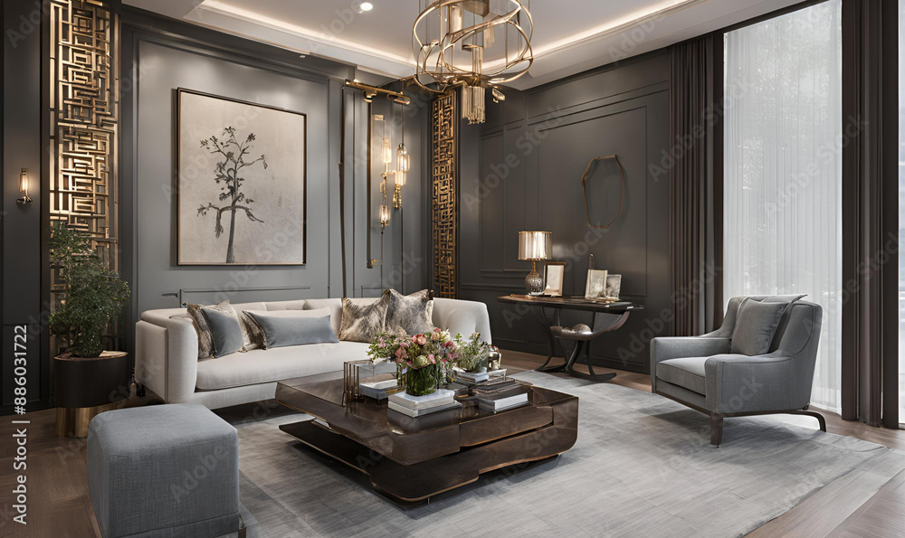 Fototapeta premium Passionate Interior Designer Transforms Spaces, Blending Function and Aesthetics. Elegant Studio with Design Plans, Fabric Samples, and Completed Room Models.