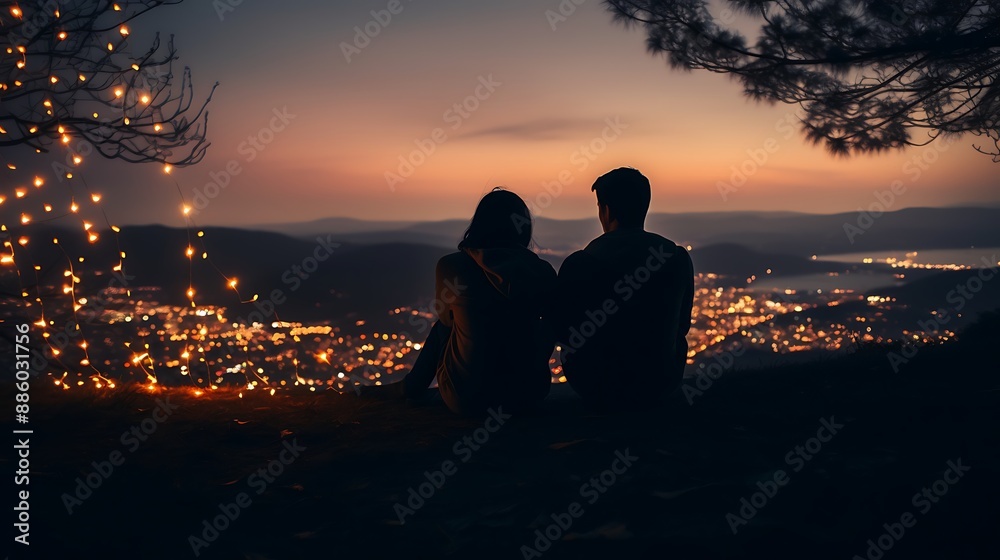 Lofi couple at night sitting on mountain top, lofi, romance, nature