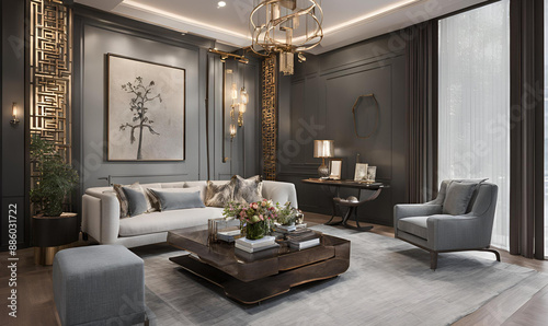 Passionate Interior Designer Transforms Spaces, Blending Function and Aesthetics. Elegant Studio with Design Plans, Fabric Samples, and Completed Room Models.