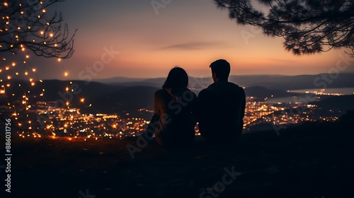 Obraz na płótnie Lofi couple at night sitting on mountain top, lofi, romance, nature w salonie