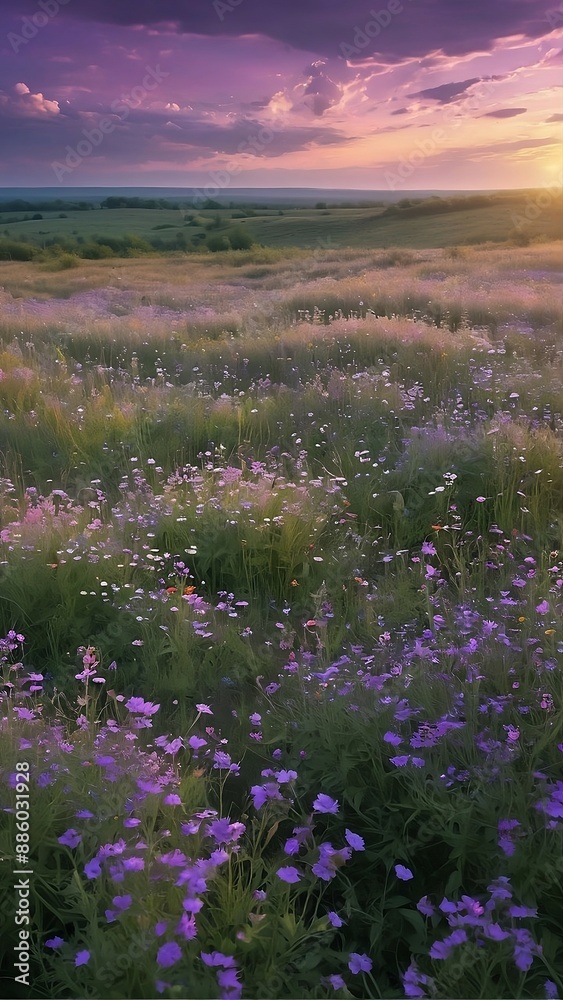 Fototapeta premium lavender field at sunset, Purple sky and green field scenery photo, warm feeling dreamy, high definition wallpaper, iPhone wallpaper