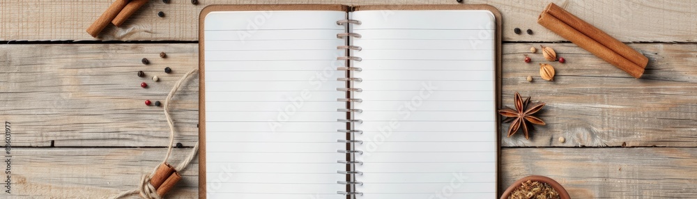 Top view of an open spiral notebook on a wooden table surrounded by spices and a pencil, perfect for writing or journaling concepts. Top view of an open spiral notebook on a wooden table surrounded by spices and a pencil, perfect for writing or journaling concepts.