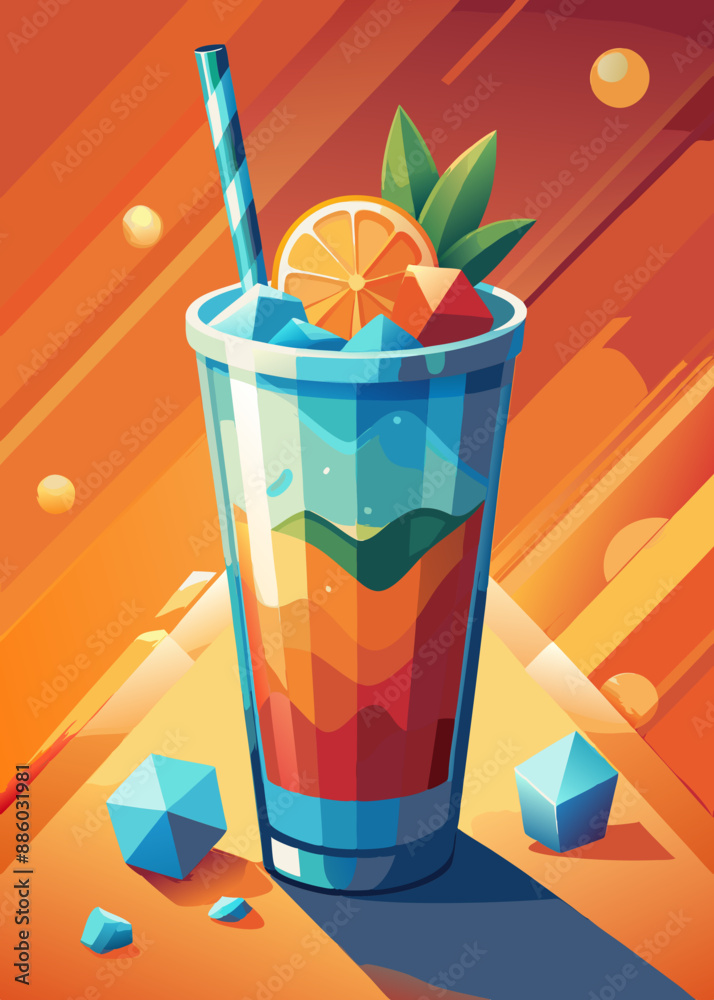 Dibujo vectorial brillante: una bebida refrescante con hielo.Arte vectorial: una bebida refrescante con hielo.Bebida colorida con hielo: ilustración vectorial.Ilustración vectorial de una bebida refre