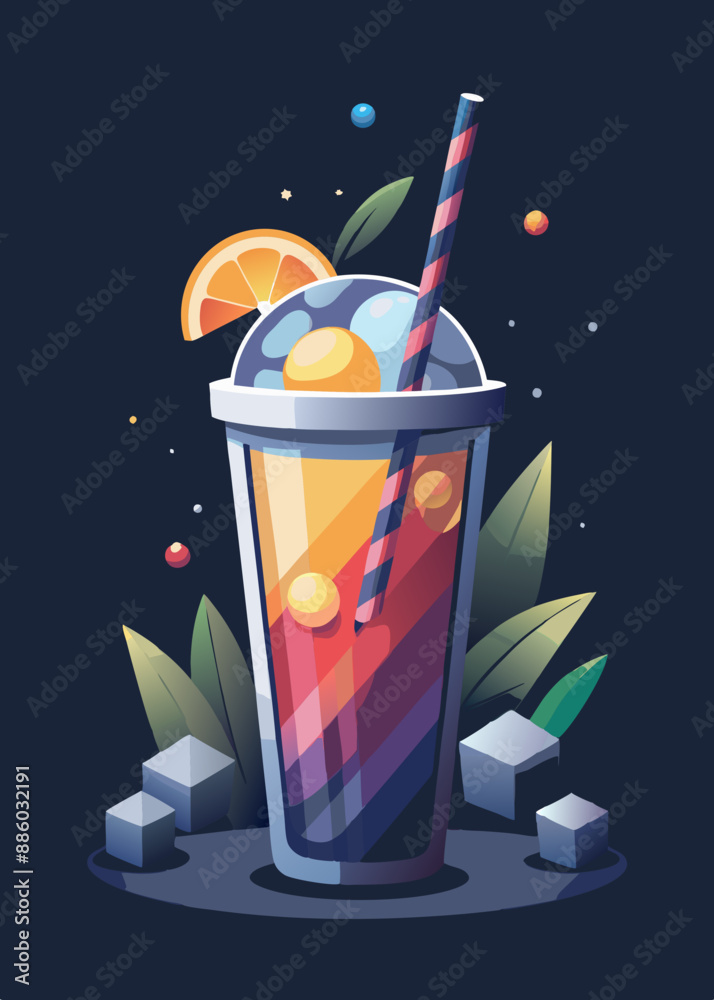 Dibujo vectorial brillante: una bebida refrescante con hielo.Arte vectorial: una bebida refrescante con hielo.Bebida colorida con hielo: ilustración vectorial.Ilustración vectorial de una bebida refre