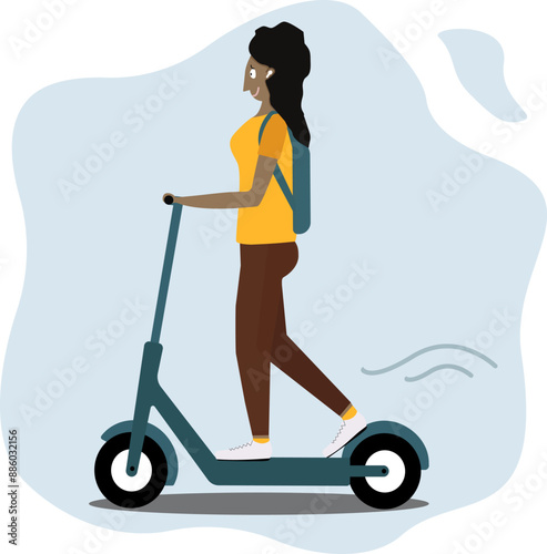 Dark-skinned girl on a scooter. Concept - scooter rental, electric scooter, environmentally friendly transport, eco transport