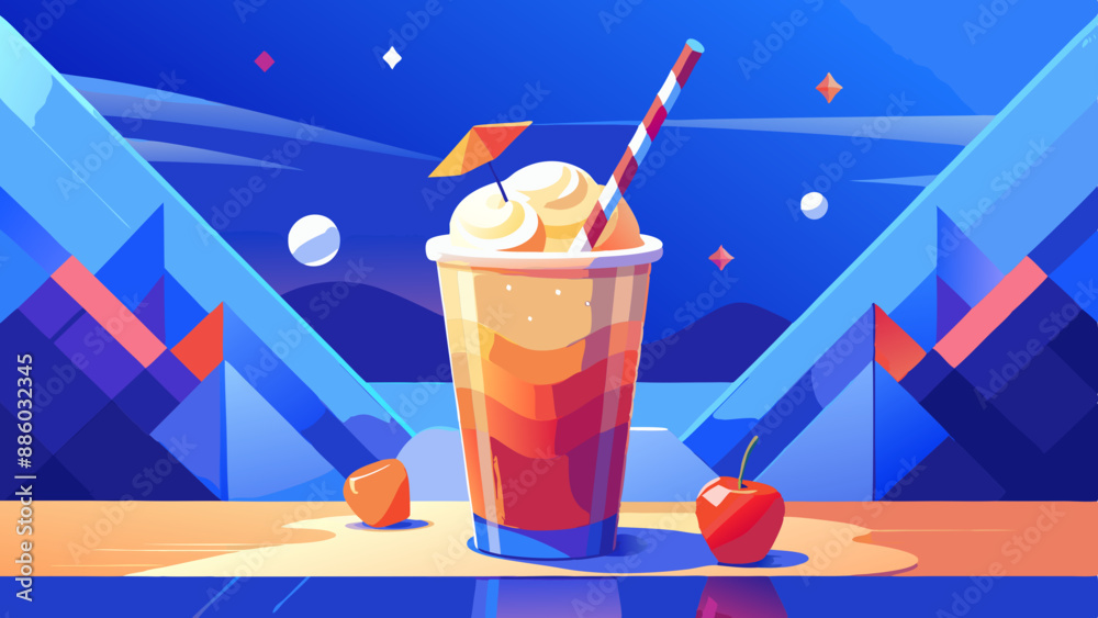 Dibujo vectorial brillante: una bebida refrescante con hielo.Arte vectorial: una bebida refrescante con hielo.Bebida colorida con hielo: ilustración vectorial.Ilustración vectorial de una bebida refre