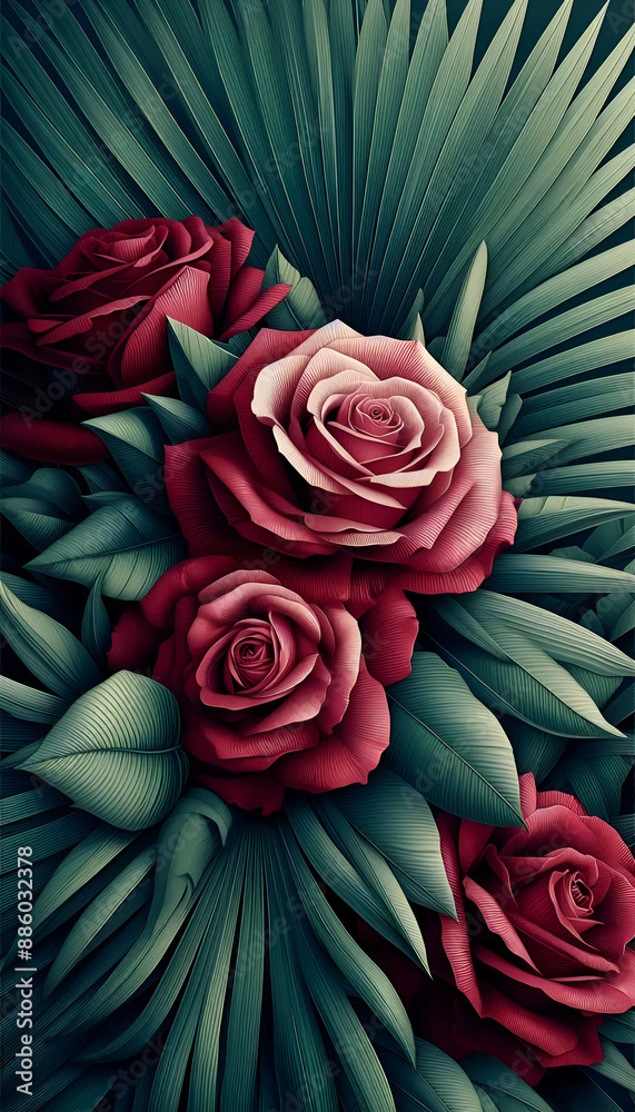 Layers of roses and palm leaves, overlapping one another, in red and dark green colors, digital realistic style. Layers of roses and palm leaves, overlapping one another, in red and dark green colors, digital realistic style.