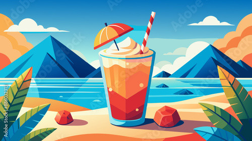 Dibujo vectorial brillante: una bebida refrescante con hielo.Arte vectorial: una bebida refrescante con hielo.Bebida colorida con hielo: ilustración vectorial.Ilustración vectorial de una bebida refre