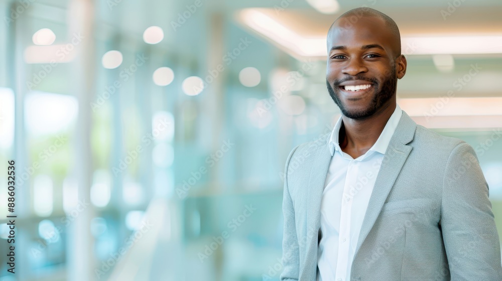 Obraz premium A confident African businessman in a light grey suit and glasses, smiling while standing in a modern office environment.