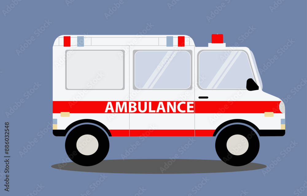 Ambulance car on blue background. Flat style. Concept for hospital, ambulance, emergency, medical center.
