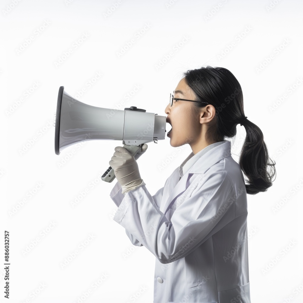 female asian scientist in a lab coat talking through a megaphone female asian scientist in a lab coat talking through a megaphone