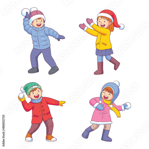 children playing throwing snowballs