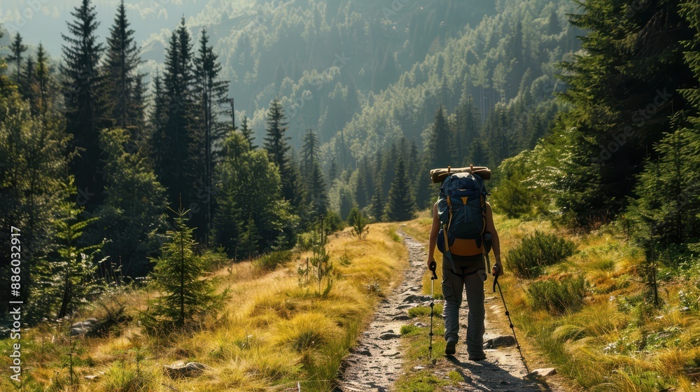 A hiker with a large backpack walks along a forest trail bathed in sunlight. The scene captures the beauty and serenity of nature, with tall trees and lush greenery surrounding the path. A hiker with a large backpack walks along a forest trail bathed in sunlight. The scene captures the beauty and serenity of nature, with tall trees and lush greenery surrounding the path.