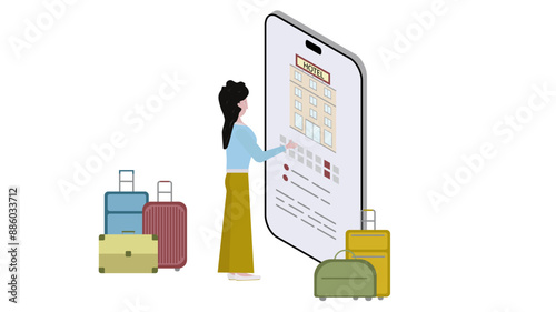 Young girl, woman on smartphone selects and reserves hotel around suitcases. Illustration on white background. Concept for business, tourism, travel, tourists, hotels, resorts