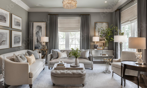 Passionate Interior Designer Transforms Spaces, Blending Function and Aesthetics. Elegant Studio with Design Plans, Fabric Samples, and Completed Room Models.
