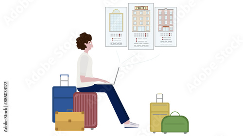 A young guy, man at computer chooses hotel, to book online. Illustration on white background. Concept for tourism, travel, tourists, hotels, business.