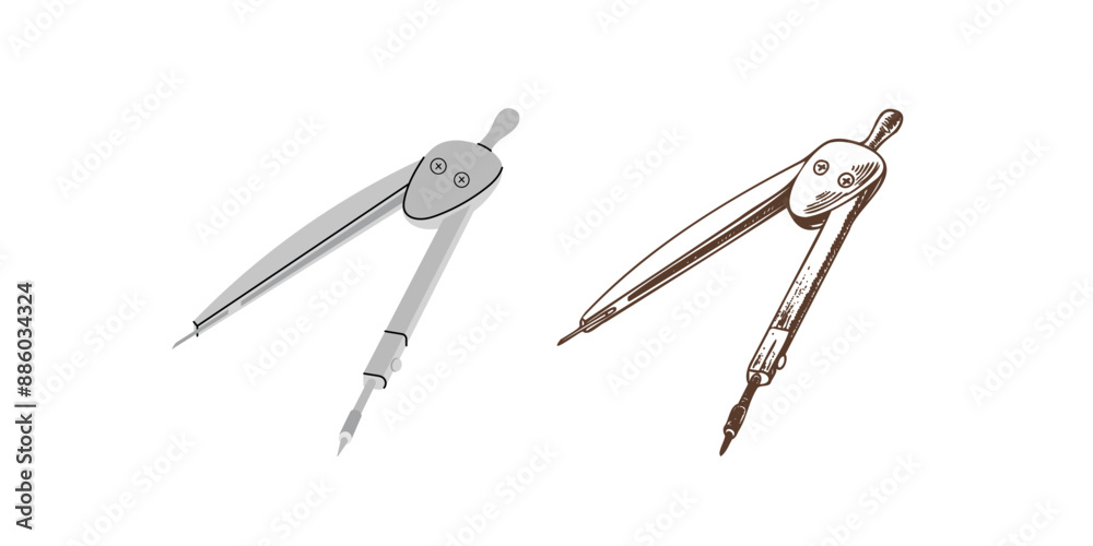 Vector hand-drawn and flat school and office supplies Illustration. Detailed retro style drawing compasses sketch. Vintage sketch element. Back to School. School essential illustration. Vector hand-drawn and flat school and office supplies Illustration. Detailed retro style drawing compasses sketch. Vintage sketch element. Back to School. School essential illustration.