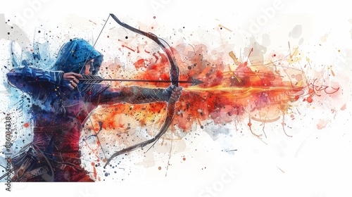 Energetic of Archer Aiming Recurve Bow with Watercolor and Light Effects