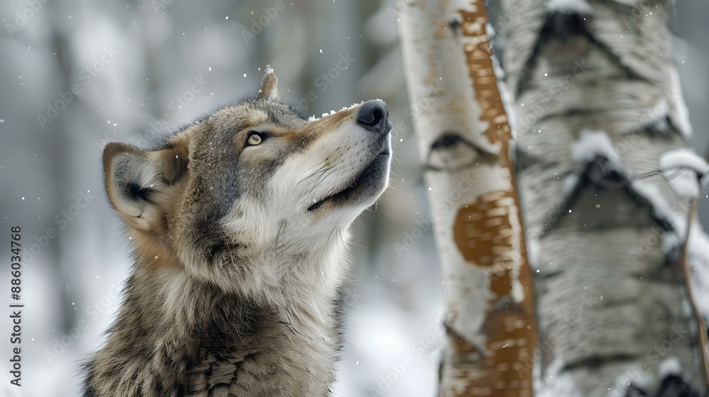 Obraz premium Grey Wolf Canis lupus Between Trees Looks Up and to Right