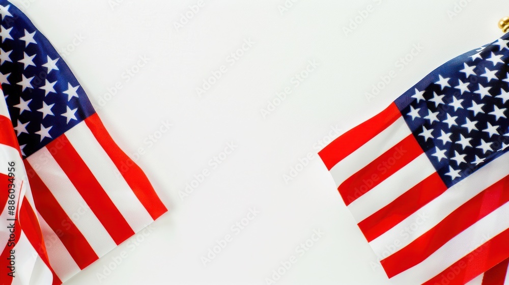 Obraz premium American flags against white background. Flat lay with copy space. Happy Labor Day or 4th july concept.