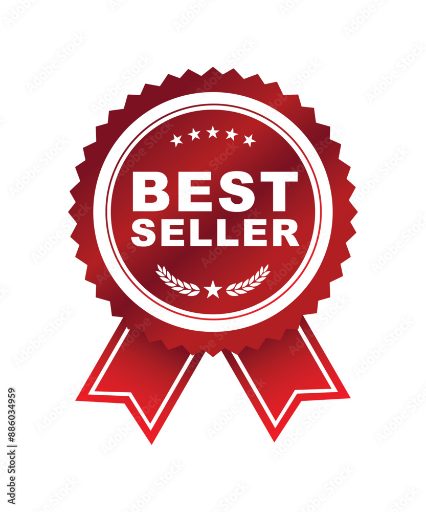 Best seller sticker label, red badge and Red ribbon with Stars and laurel wreath Decoration vector isolated with Premium Quality product, book cover , Premium goods , or website ready to print Best seller sticker label, red badge and Red ribbon with Stars and laurel wreath Decoration vector isolated with Premium Quality product, book cover , Premium goods , or website ready to print