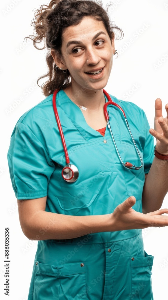 happy doctor looking straight into the camera, talking and explaining with hands