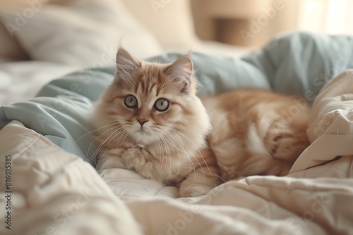 A fluffy cat with white and brown fur lying on the bed and blanket in earth-tone colors and natural soft light in the bedroom, creating an enchanting and serene atmosphere.