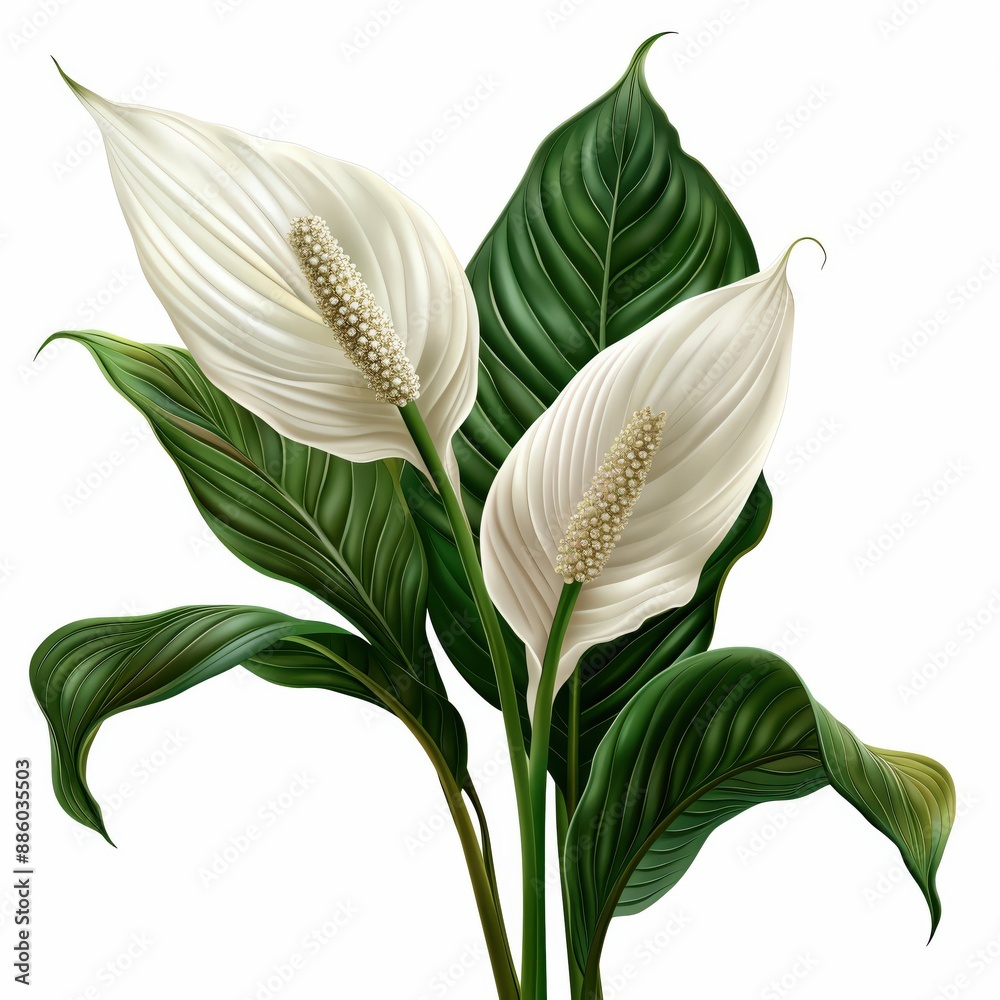 Obraz premium Elegant peace lily plant with white flowers and lush green leaves illustration, perfect for home decoration and bringing natural beauty indoors.