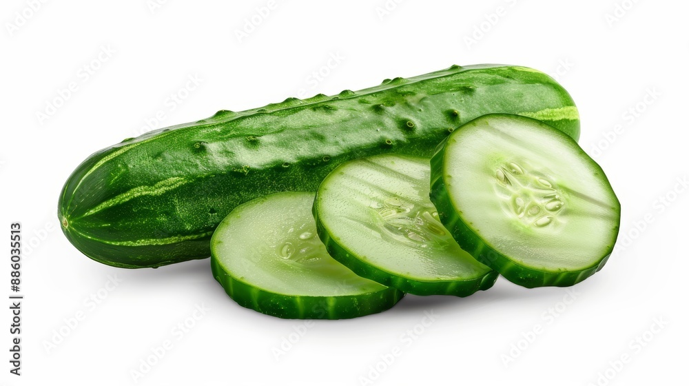 Cucumber vegetable with cucumber slice isolated on white background. High End Retouching