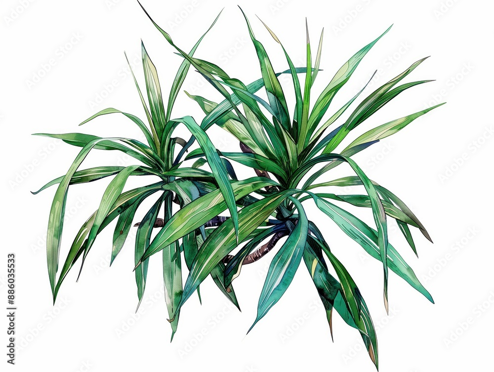 Fototapeta premium Green Dracaena marginata houseplants with long, pointed leaves on a white background, perfect for home decor and indoor gardening. Watercolor illustration.