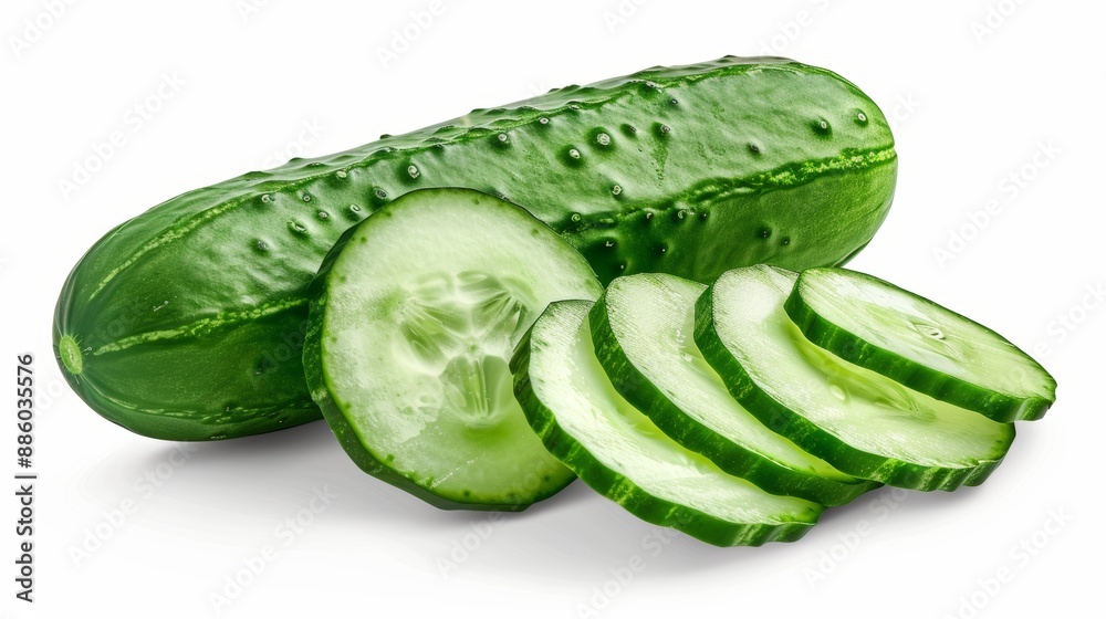 Cucumber vegetable with cucumber slice isolated on white background. High End Retouching Cucumber vegetable with cucumber slice isolated on white background. High End Retouching
