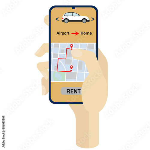 Vector illustration of autonomous online car sharing service controlled via smartphone app. Phone with location mark and modern automobile. Isolated connected vehicle remote data monitoring parking.