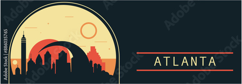 Atlanta city retro style vector banner with skyline, cityscape. USA Georgia state vintage horizontal illustration. United States of America travel layout for web presentation, header, footer