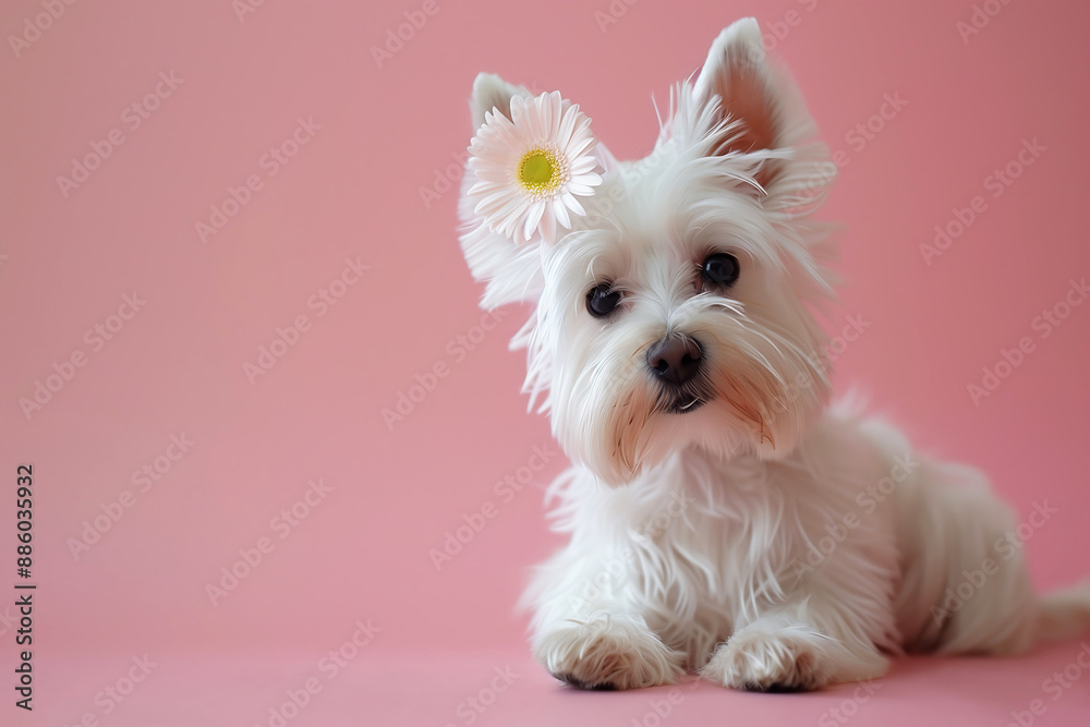 A wide-eyed white terrier dog puppy with a white flower on the ear sits adorable, against a soft light and pastel pink background, capturing the puppy's energetic and cute expression. A wide-eyed white terrier dog puppy with a white flower on the ear sits adorable, against a soft light and pastel pink background, capturing the puppy's energetic and cute expression.