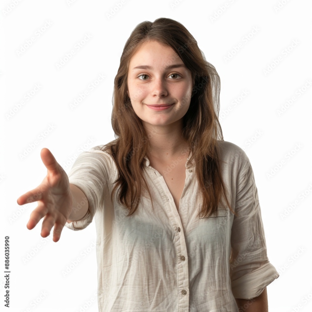 a french young woman greeting extended hand front photo white background a french young woman greeting extended hand front photo white background