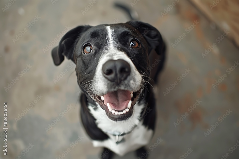 A high-angle shot of a cheerful mixed-breed dog gazing up at the camera, with beautifully graded colors, light, and shadow on a blurred background. A high-angle shot of a cheerful mixed-breed dog gazing up at the camera, with beautifully graded colors, light, and shadow on a blurred background.