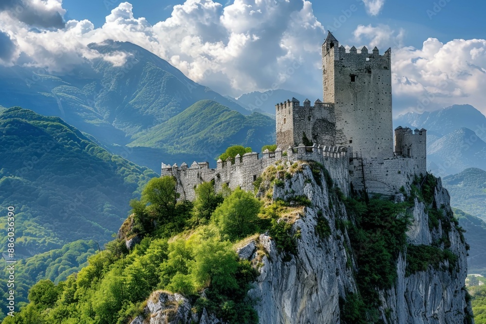 Medieval castle standing on a cliff overlooking mountains and green forest on a sunny day with blue sky and white clouds Medieval castle standing on a cliff overlooking mountains and green forest on a sunny day with blue sky and white clouds