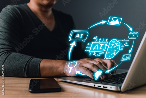 Ai generates creation content concepts. Man's hand use AI icon technology, Marketers education, research, analyze media video streaming online marketing strategies to grow their digital business.
