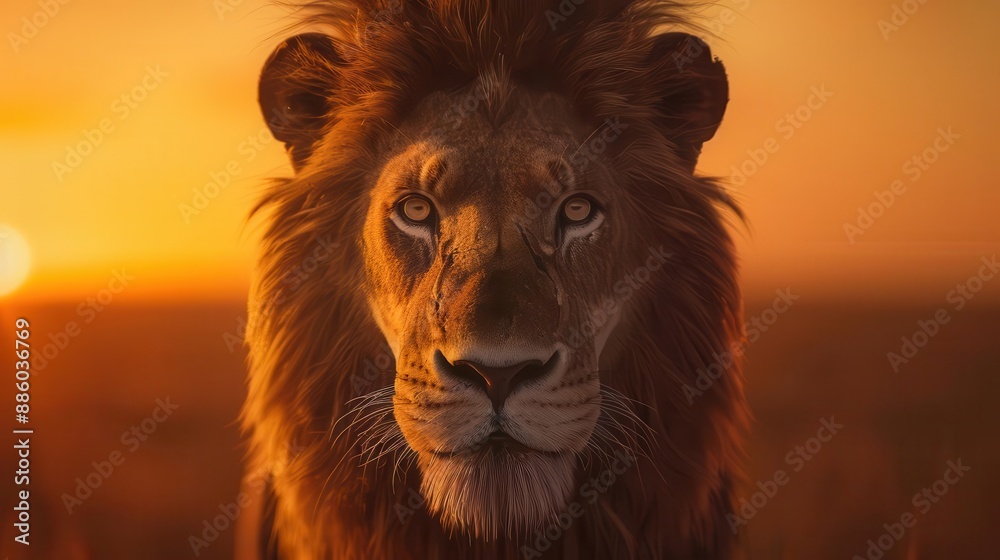 Naklejka premium Majestic Lion A closeup portrait of a lions face, capturing its regal presence and piercing gaze
