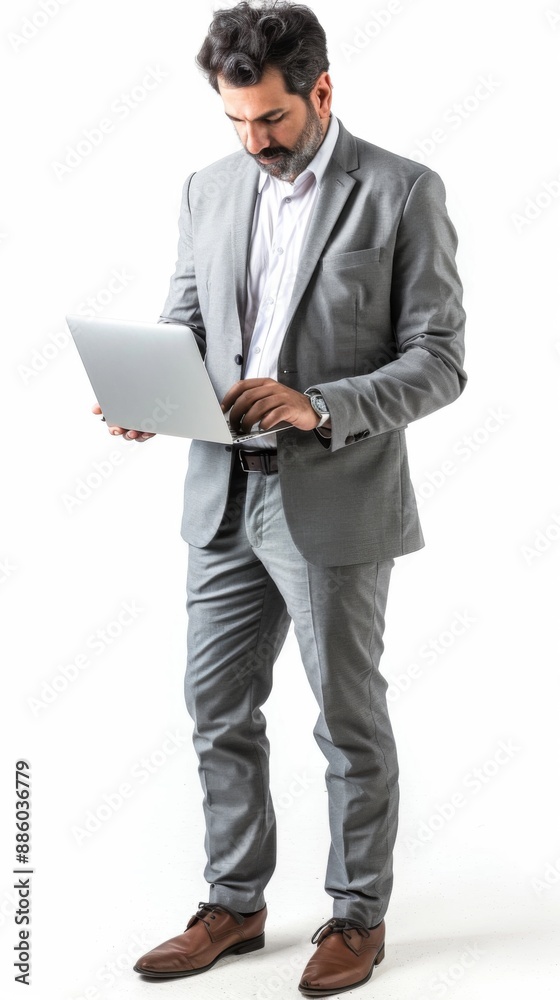 A confident male entrepreneur analyzing a report on his laptop. He is standing against a white background, portraying a sense of focus and determination A confident male entrepreneur analyzing a report on his laptop. He is standing against a white background, portraying a sense of focus and determination