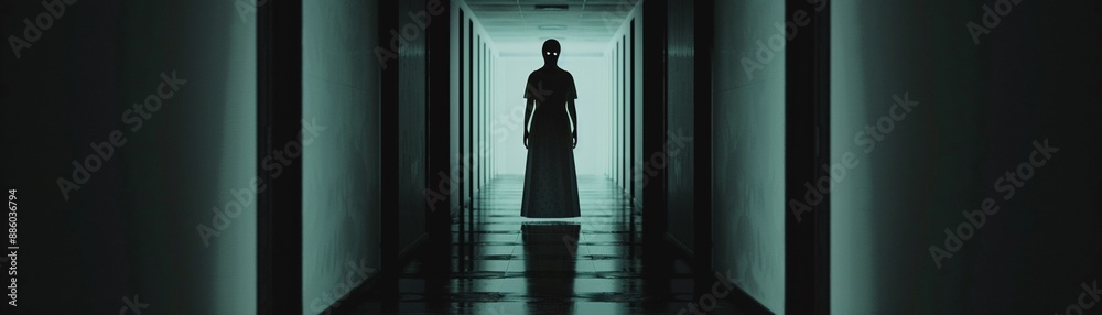 A solitary figure in a masquerade mask, standing at the end of a long, dark corridor in a haunted mansion, ghostly whispers and shadows, chilling horror, realistic photo, high detail A solitary figure in a masquerade mask, standing at the end of a long, dark corridor in a haunted mansion, ghostly whispers and shadows, chilling horror, realistic photo, high detail