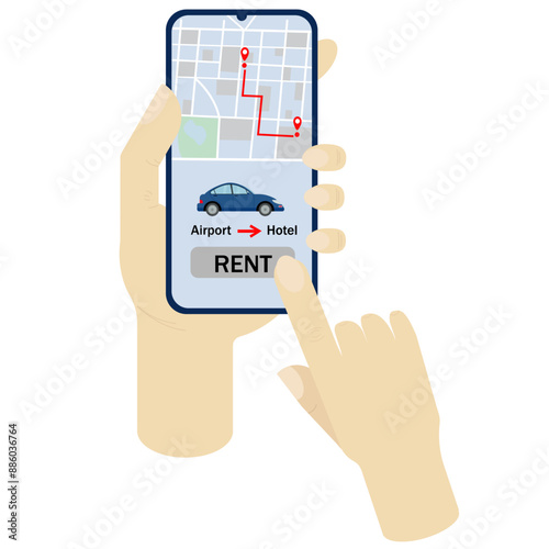 Online ordering taxi car, rent and sharing using service mobile application. Driving route on a city map on a phone in hand. Vector illustration on a white background isolated
