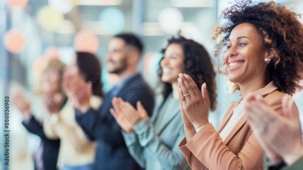 Group of diverse businesspeople applauding in an office setting. Celebration and recognition in a corporate environment.