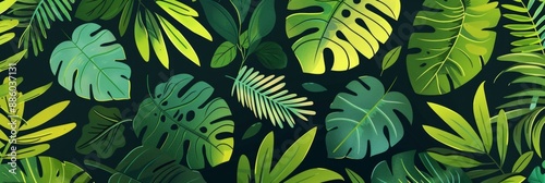 A pattern of various green tropical leaves on a dark background © keystoker